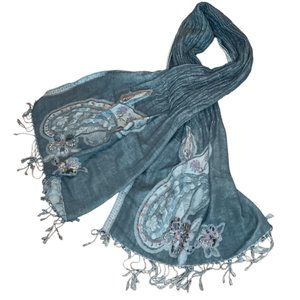 Gray Embroidered Puckered Stretch Scarf Shawl Floral Pastel Colors